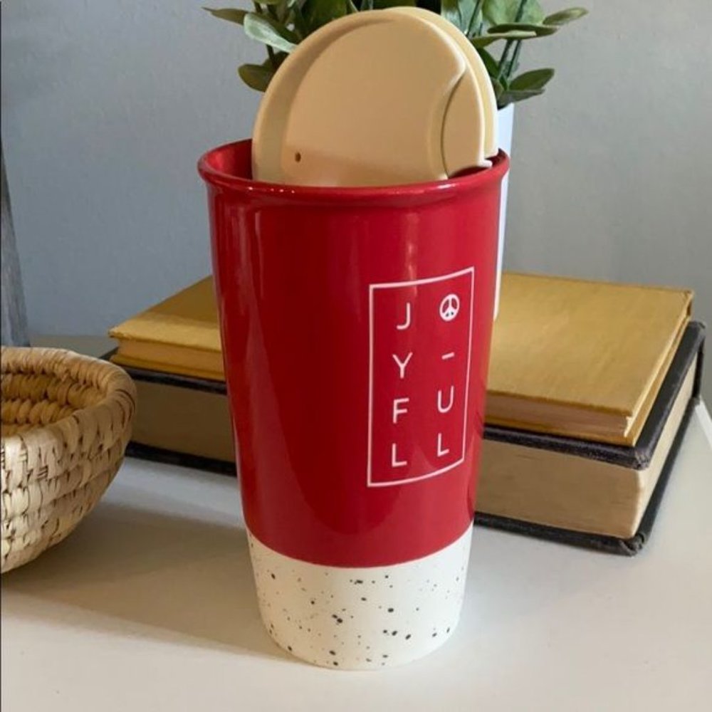 STARBUCKS Red Ceramic JOYFUL Travel Mug Tumbler - Picture 3 of 7